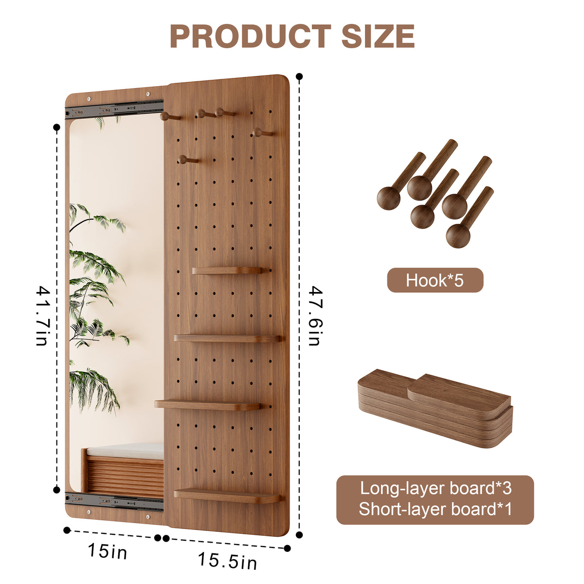 Walnut wall-mounted full-length mirror by Anthony & Home, showcasing a sleek, modern design with a sturdy frame.