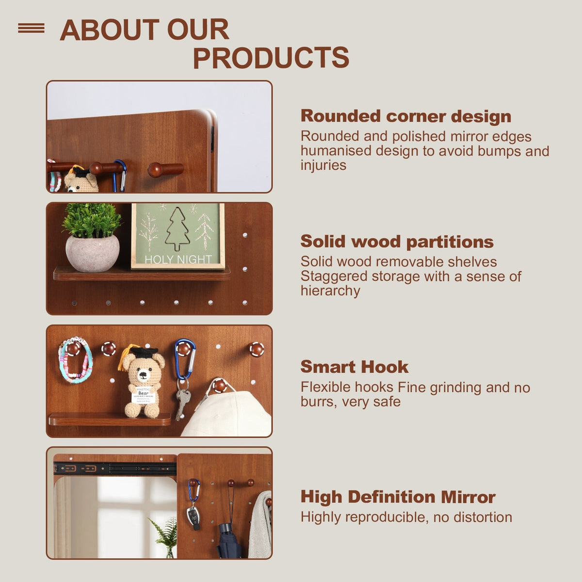 Walnut wall-mounted full-length mirror by Anthony & Home with a sleek rectangular frame, hanging on a modern wall.