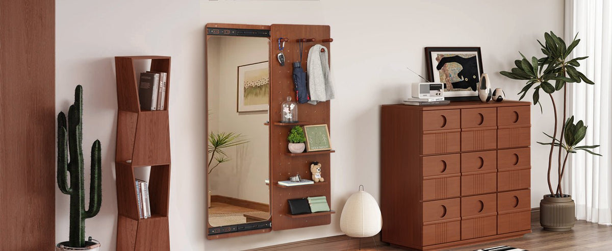 Walnut wall-mounted full-length mirror by Anthony & Home, showcasing a sleek, modern design with a natural wood frame.