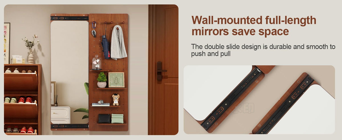 Walnut wall-mounted full-length mirror by Anthony & Home, showcasing a sleek wooden frame and reflective glass surface.