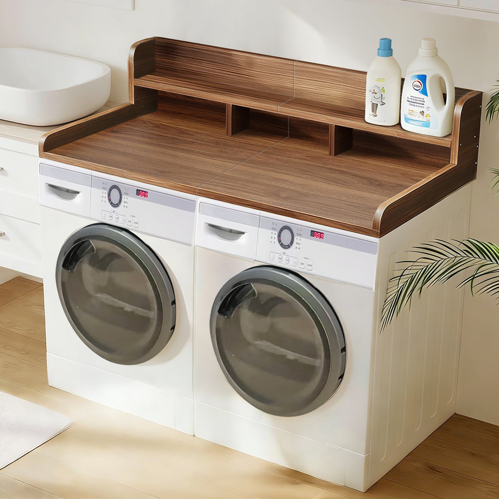 Walnut countertop double-layer washer dryer organizer by Anthony & Home with compartments for laundry essentials.