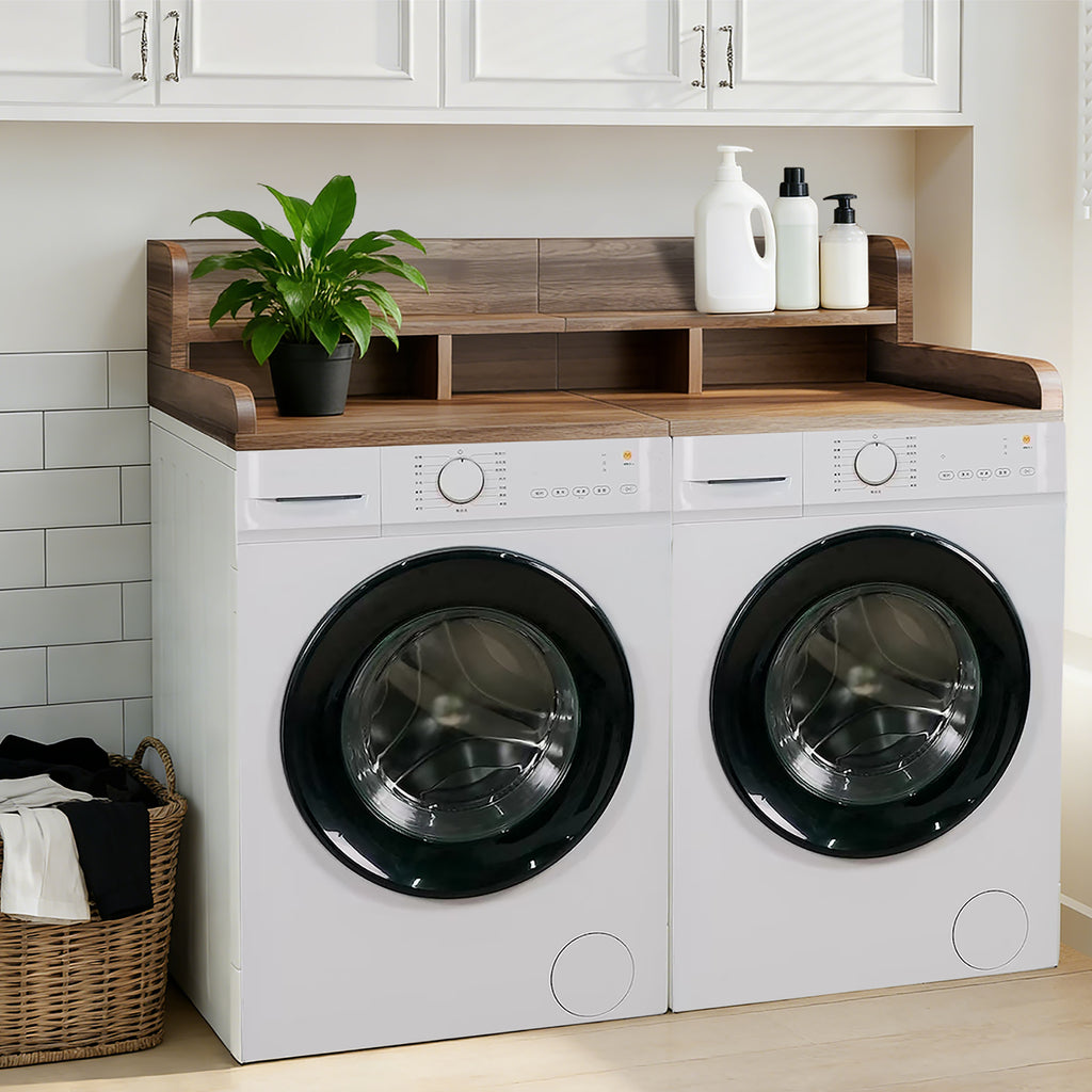 Walnut countertop double layer washer and dryer organizer by Anthony & Home with multiple compartments for laundry essentials