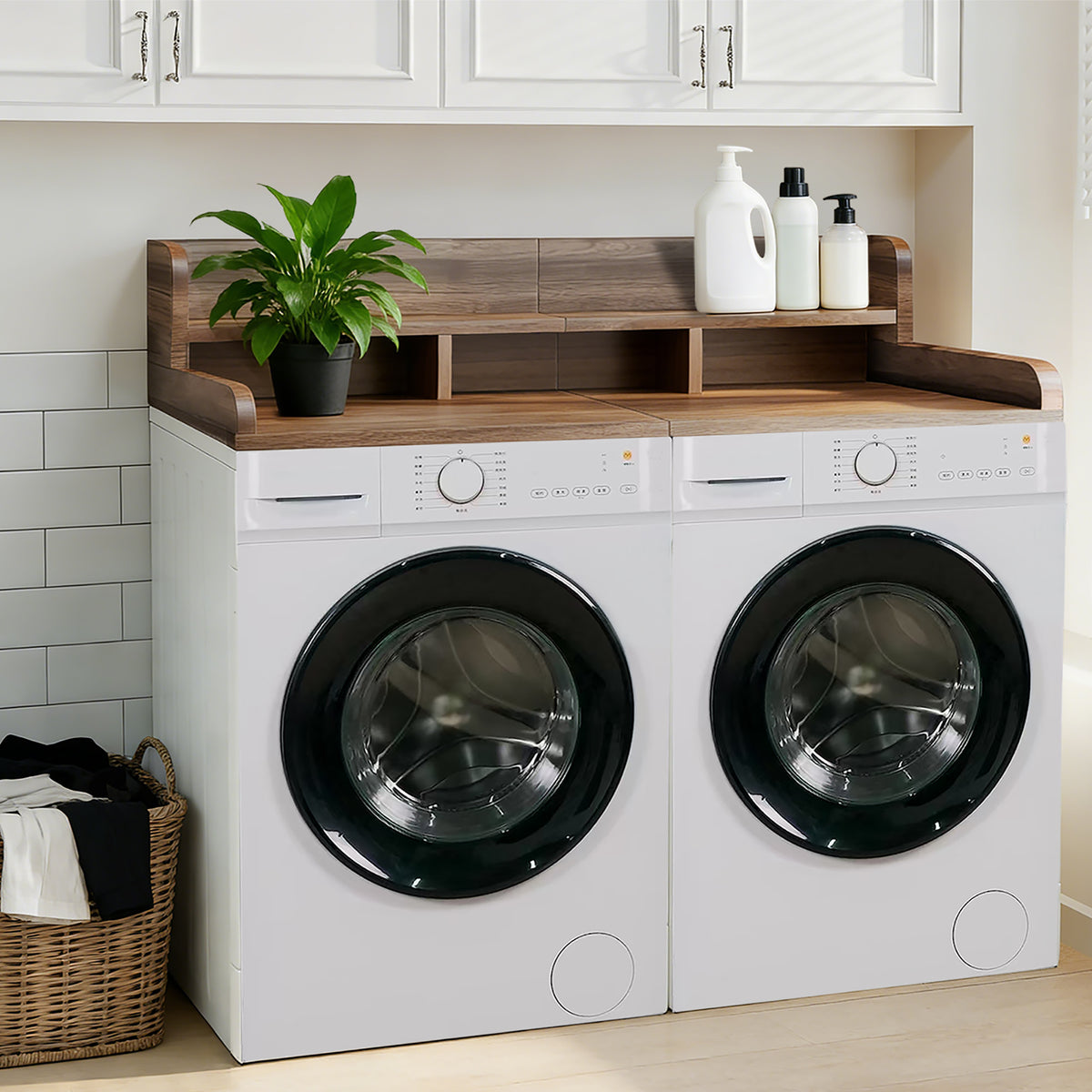 Walnut countertop double layer washer and dryer organizer by Anthony & Home with multiple compartments for laundry essentials