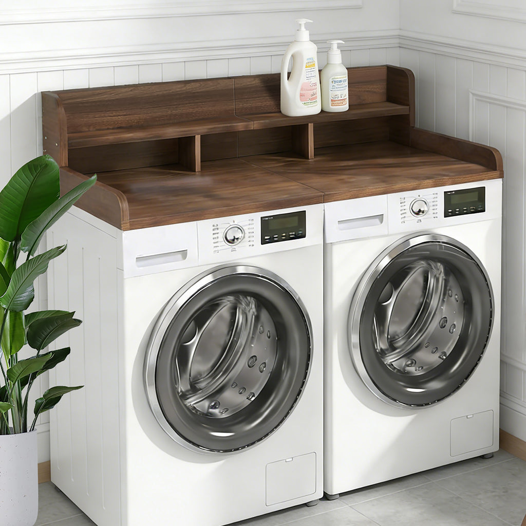Walnut countertop double layer washer dryer organizer by Anthony & Home, featuring compartments for laundry essentials
