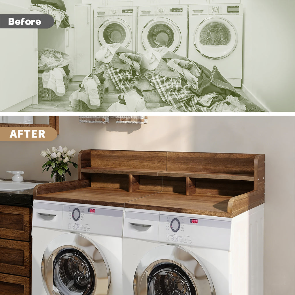 Walnut countertop double layer washer dryer organizer by Anthony & Home with compartments for laundry essentials.