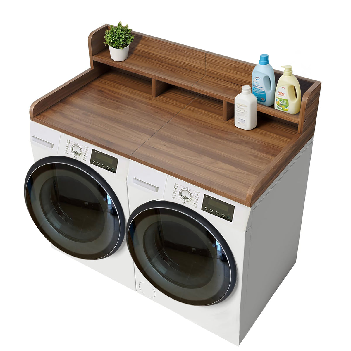 Walnut Anthony & Home countertop double layer washer and dryer organizer with compartments for laundry essentials.
