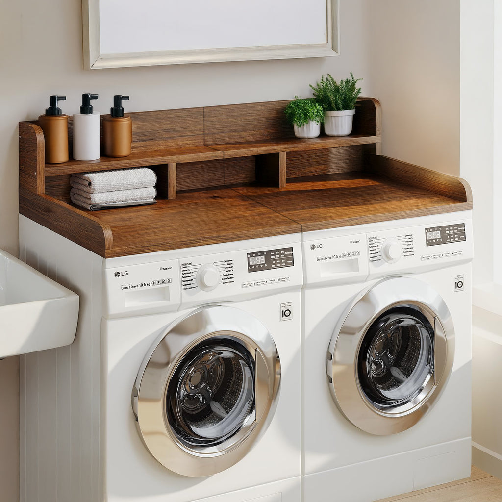 Walnut wood countertop shelf for washer and dryer from Anthony & Home, showcasing a stylish, natural wood finish and sturdy design.
