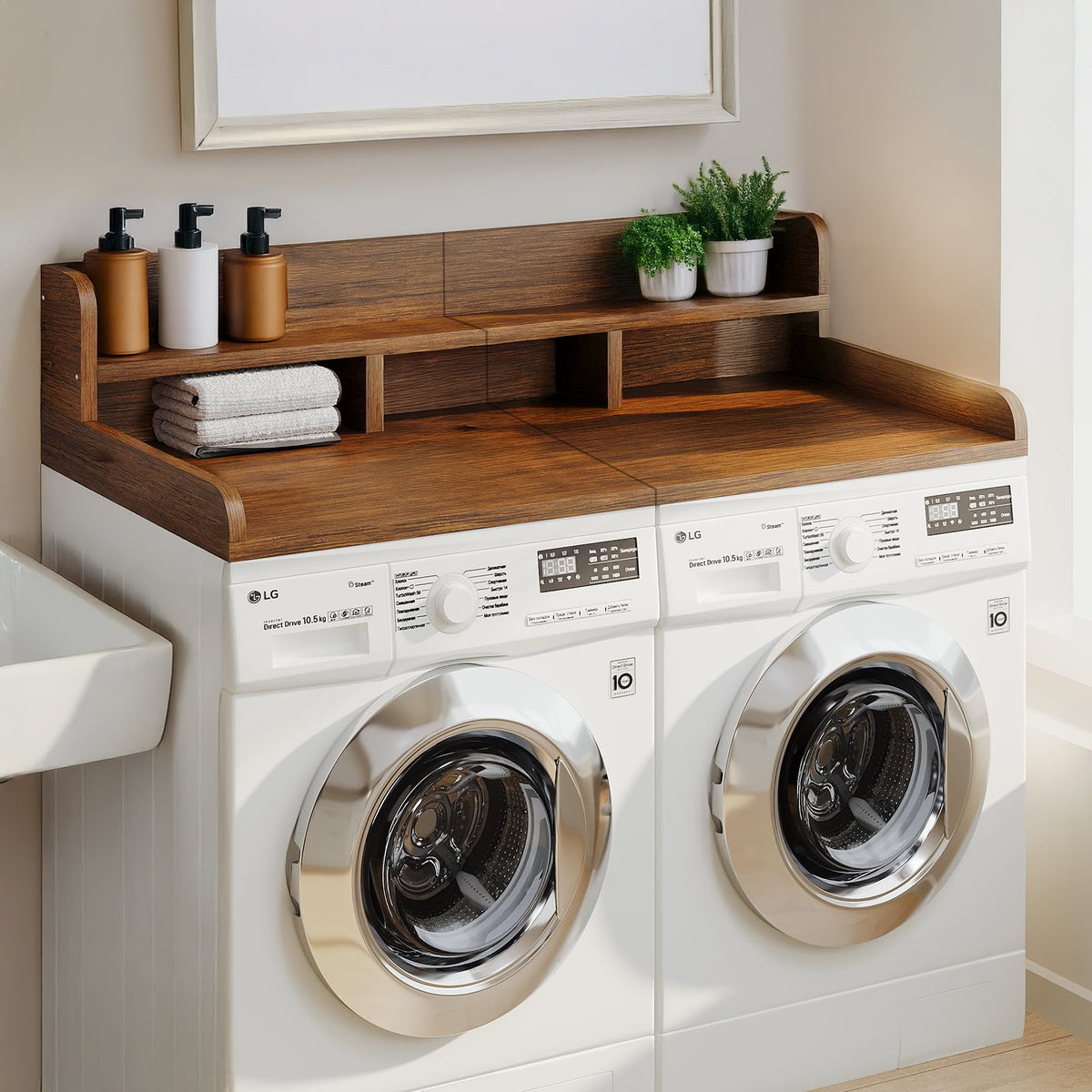 Walnut wood countertop shelf for washer and dryer from Anthony & Home, showcasing a stylish, natural wood finish and sturdy design.