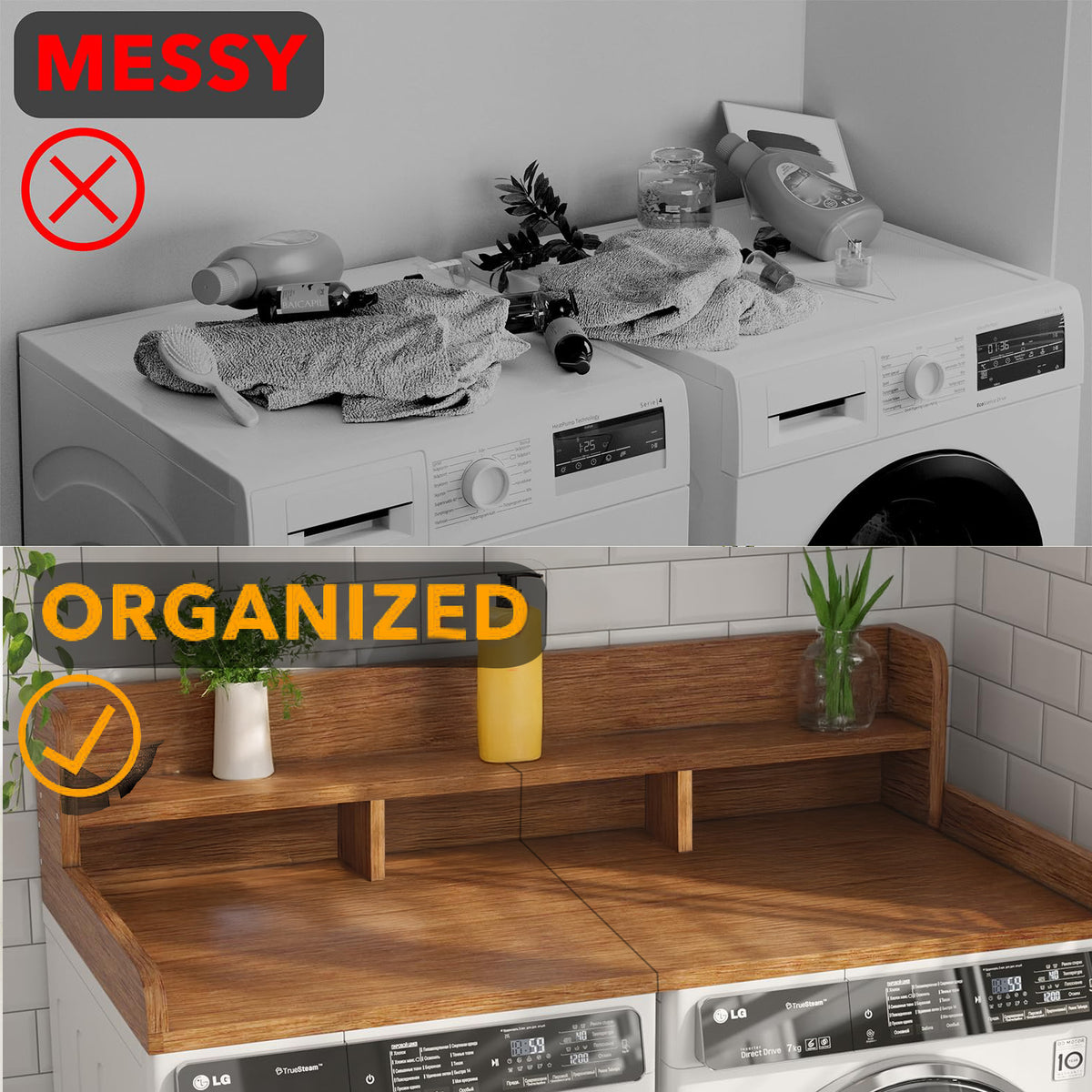 Walnut wood countertop shelf for washer and dryer by Anthony & Home, showcasing a sturdy, stylish storage solution.