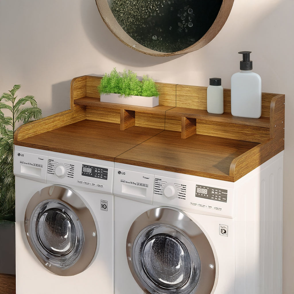 Walnut wood washer dryer countertop shelf by Anthony & Home, showcasing a stylish, sturdy storage solution with smooth finish.