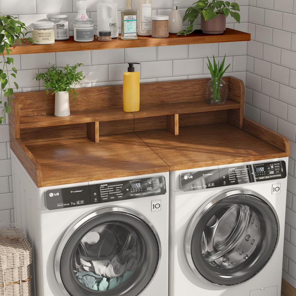 Walnut wood countertop shelf for washer and dryer from Anthony & Home, showcasing a stylish and functional laundry room storage solution.
