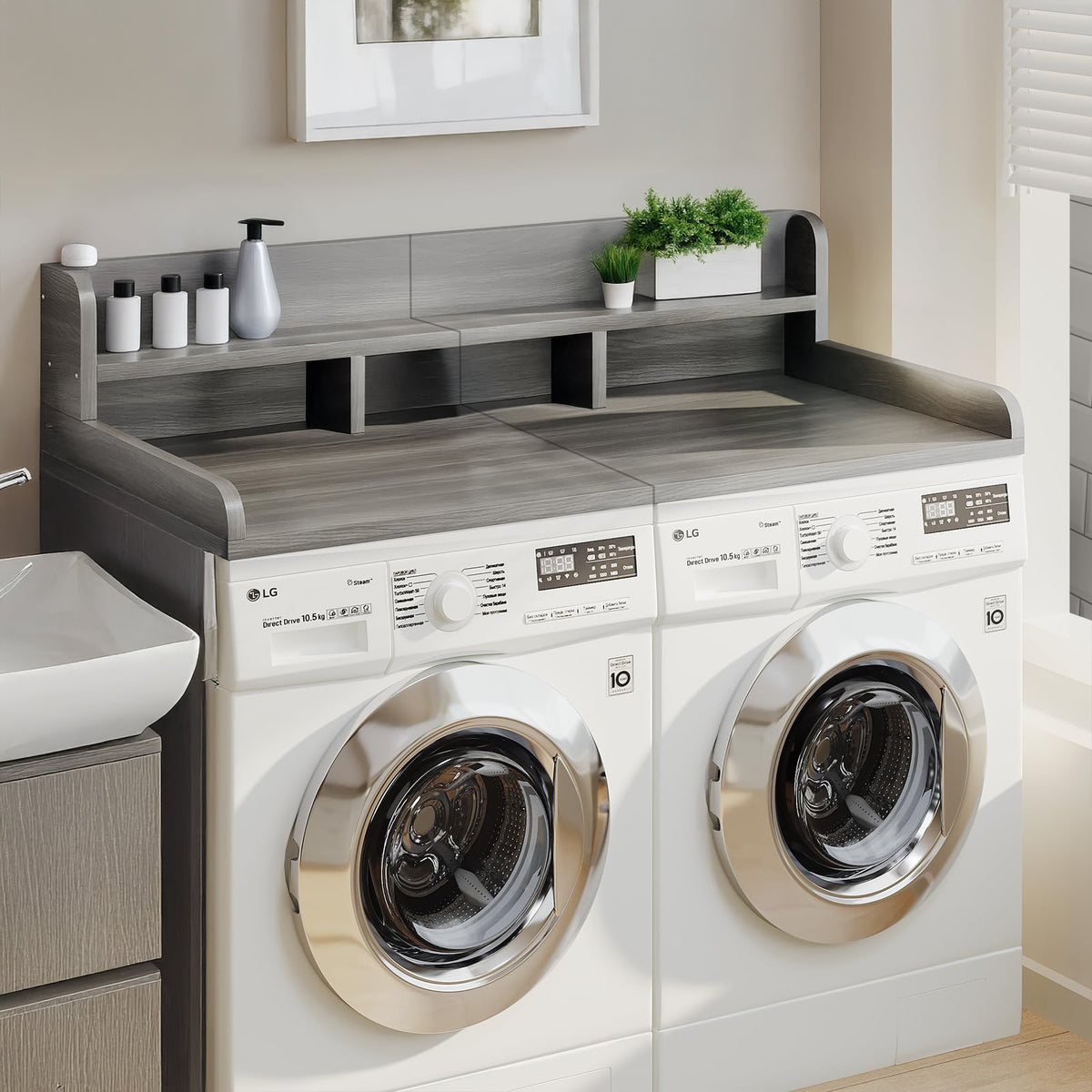 Walnut wood washer-dryer countertop with double layer organizer, 54-inch wide and 27.5-inch deep, by Anthony & Home.