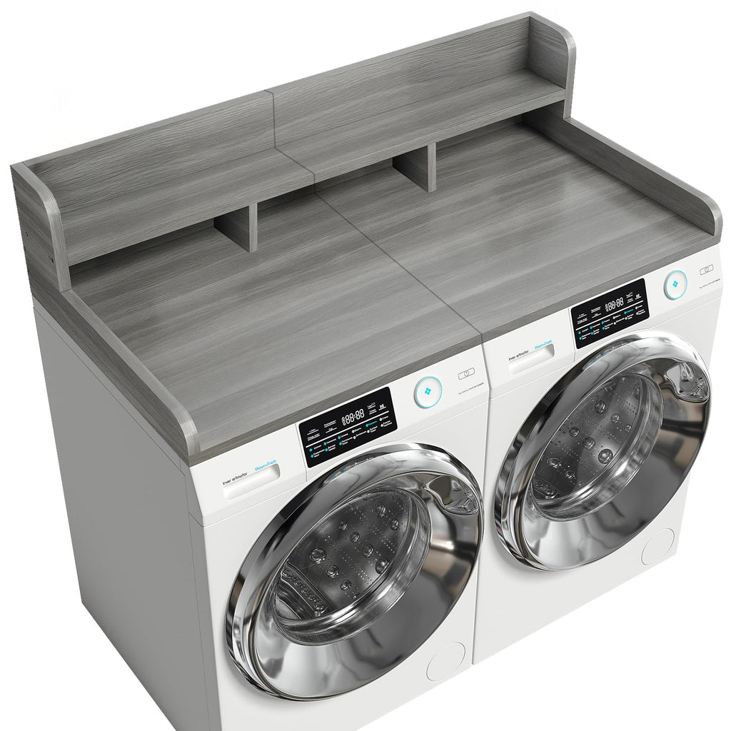 Walnut wood washer-dryer countertop with double-layer organizer, 54-inch wide and 27.5-inch deep, by Anthony & Home.