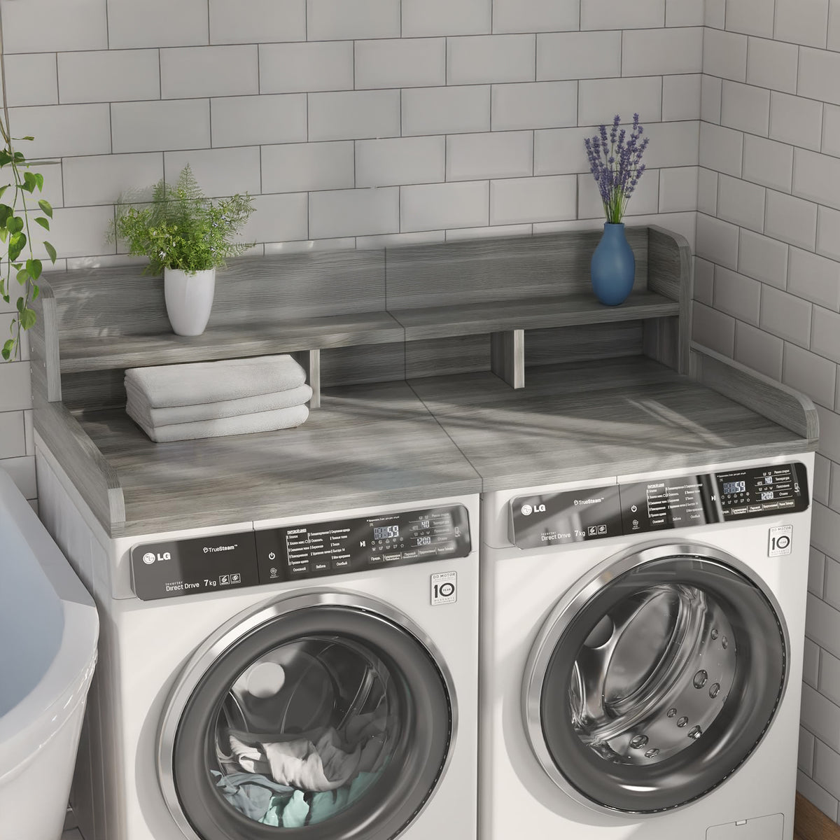 Walnut wood washer-dryer countertop with double layer organizer, 54-inch wide and 27.5-inch deep, by Anthony & Home