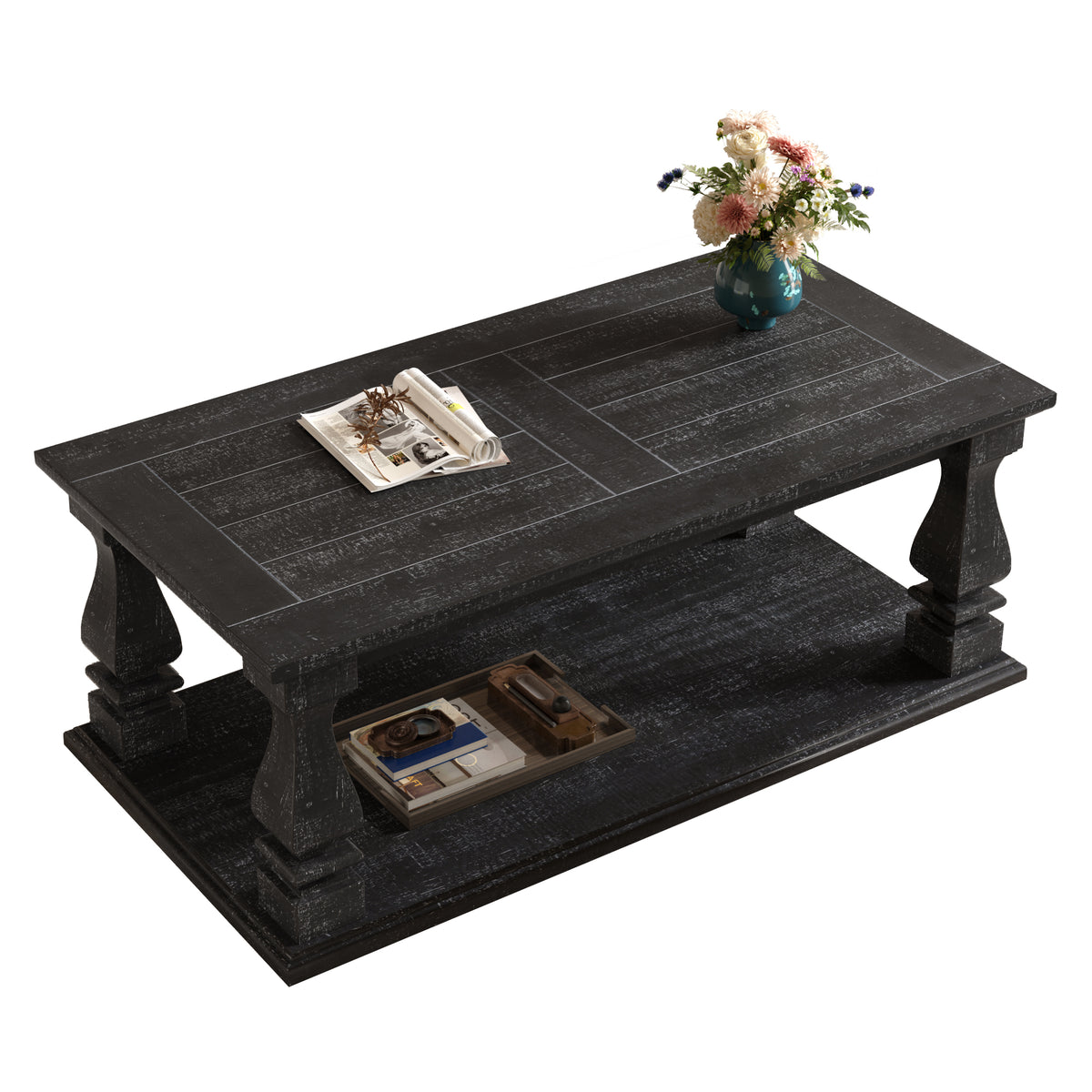 Weathered black farmhouse coffee table with heavy plank top, baluster legs, and storage shelf by Anthony & Home.