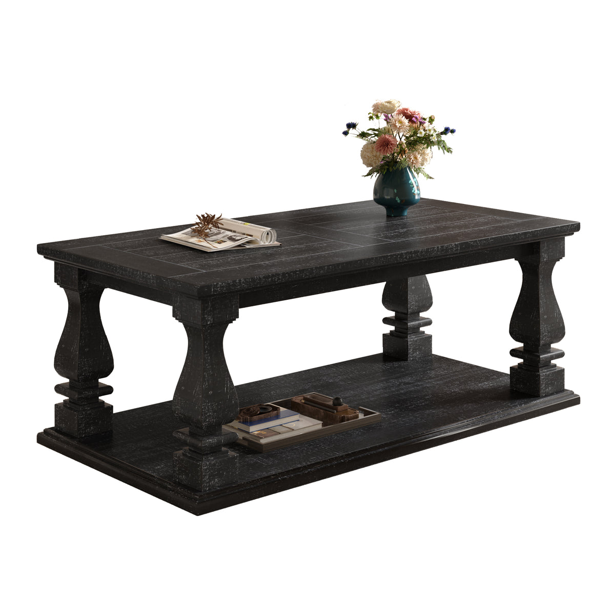 Weathered black farmhouse coffee table by Anthony & Home with heavy plank top, baluster legs, and storage shelf in a rustic style.