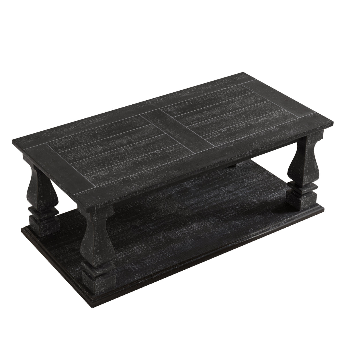 Weathered black farmhouse coffee table with heavy plank top, baluster legs, and storage shelf by Anthony & Home.