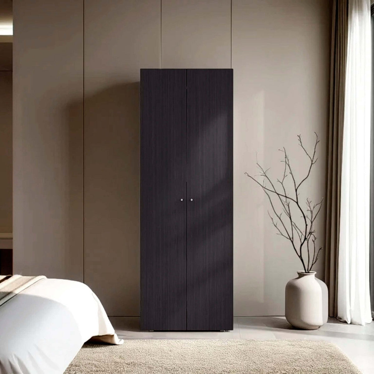 Wenge finish wardrobe cabinet from Anthony & Home's Atelier Collection, showcasing sleek wood grain and modern storage design.