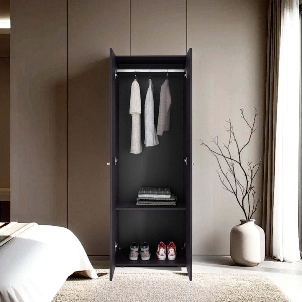 Wenge finish wardrobe cabinet from Anthony & Home's Atelier Collection, showing sleek wood grain and modern storage design.