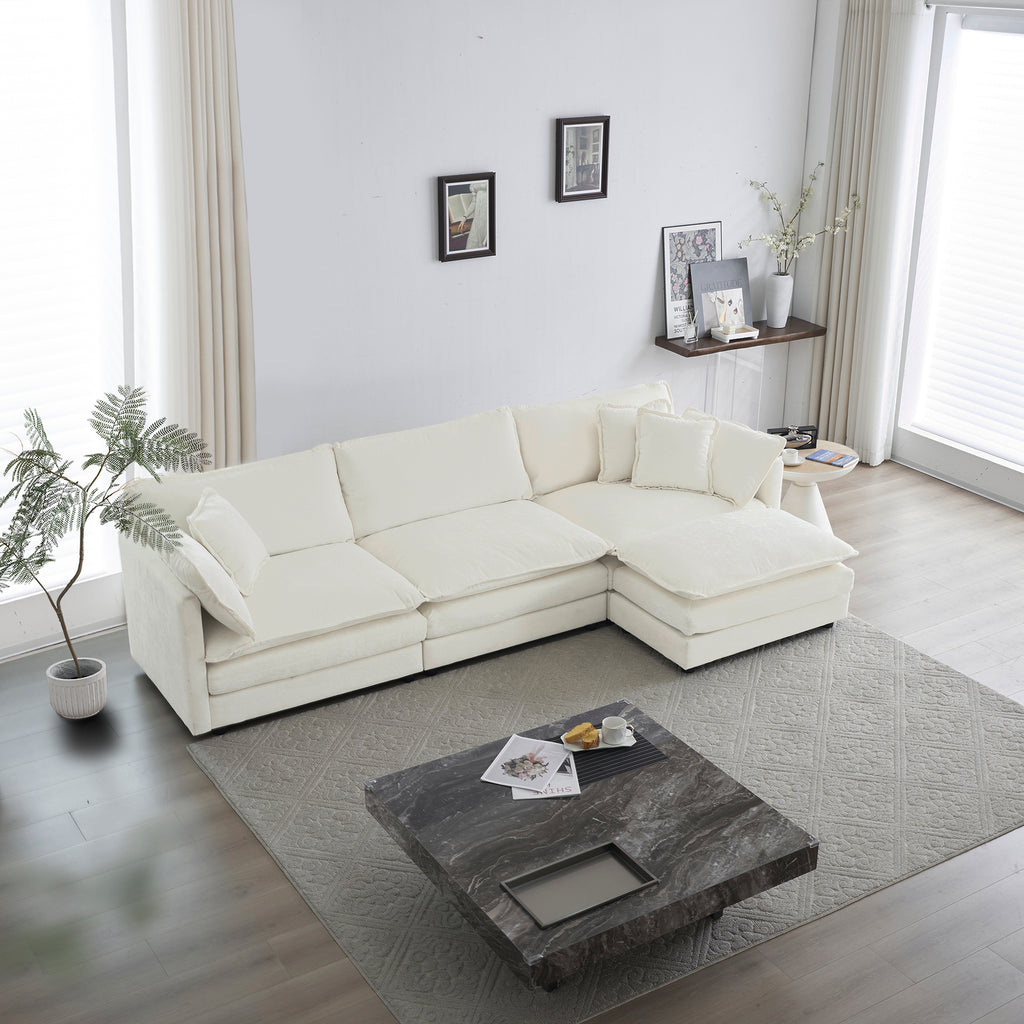 White chenille Luxe modular L-shaped sectional sofa with reversible ottoman by Anthony & Home, showcasing plush fabric and modern design.