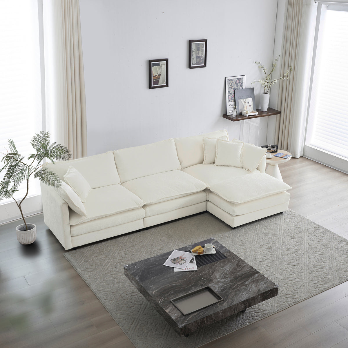 White chenille Luxe modular L-shaped sectional sofa with reversible ottoman by Anthony & Home, showcasing plush fabric and modern design.