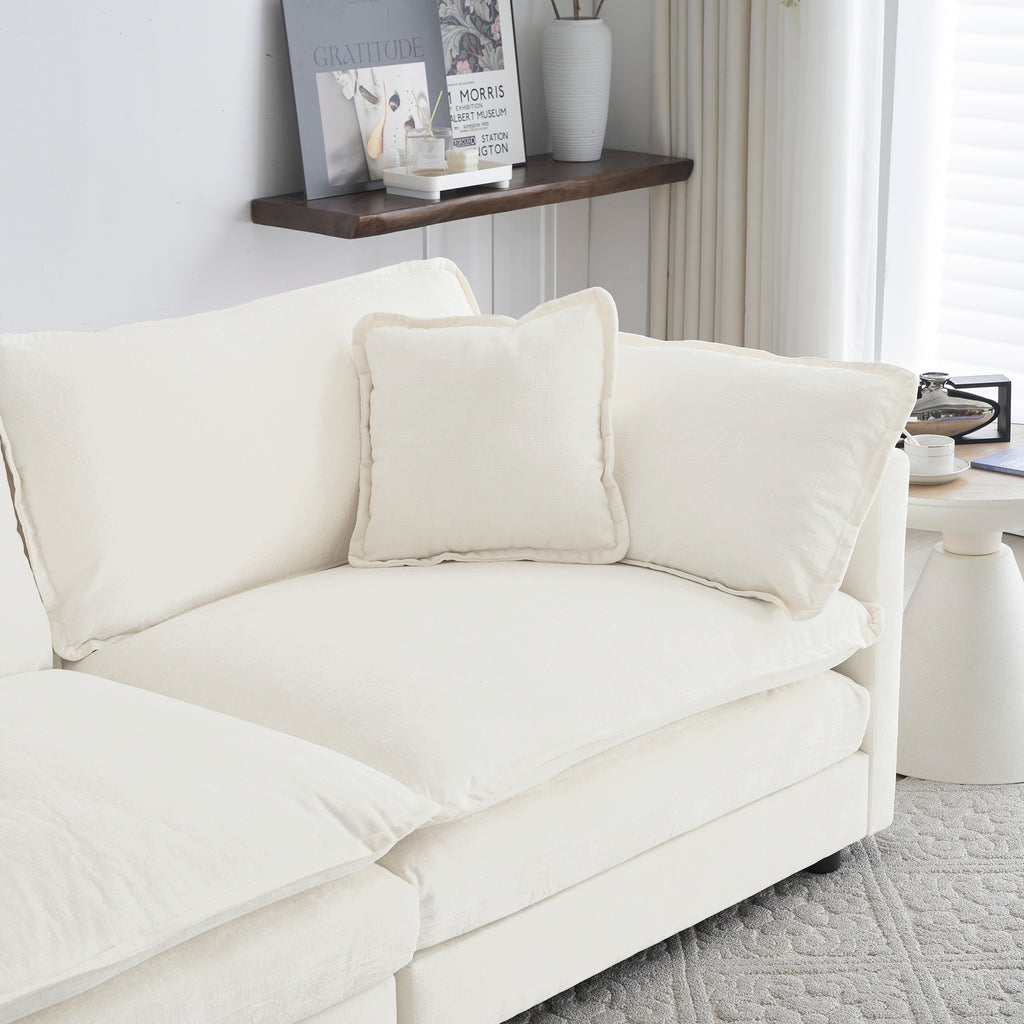 White chenille Luxe modular L-shaped sectional sofa with reversible ottoman by Anthony & Home, showcasing comfortable seating and modern design.