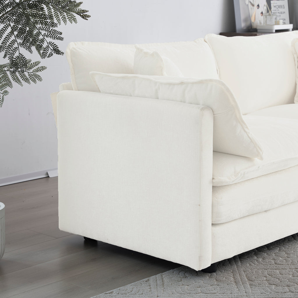 White chenille luxe modular L-shaped sectional sofa with reversible ottoman by Anthony & Home, showcasing plush fabric and contemporary design.