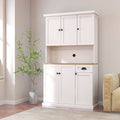 White freestanding kitchen pantry hutch from Anthony & Home with open shelves and cabinet storage for organized kitchen space