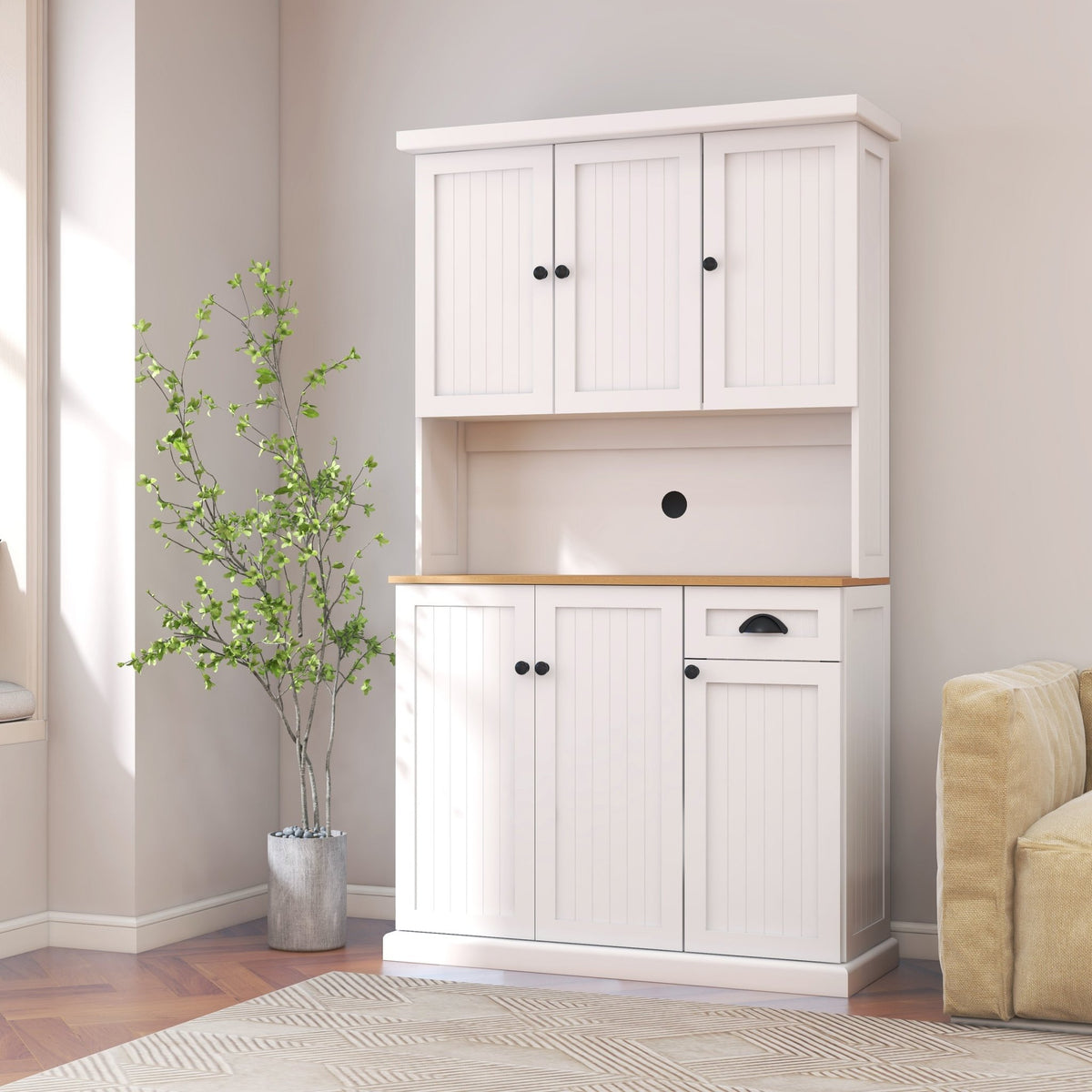 White freestanding kitchen pantry hutch from Anthony & Home with open shelves and cabinet storage for organized kitchen space
