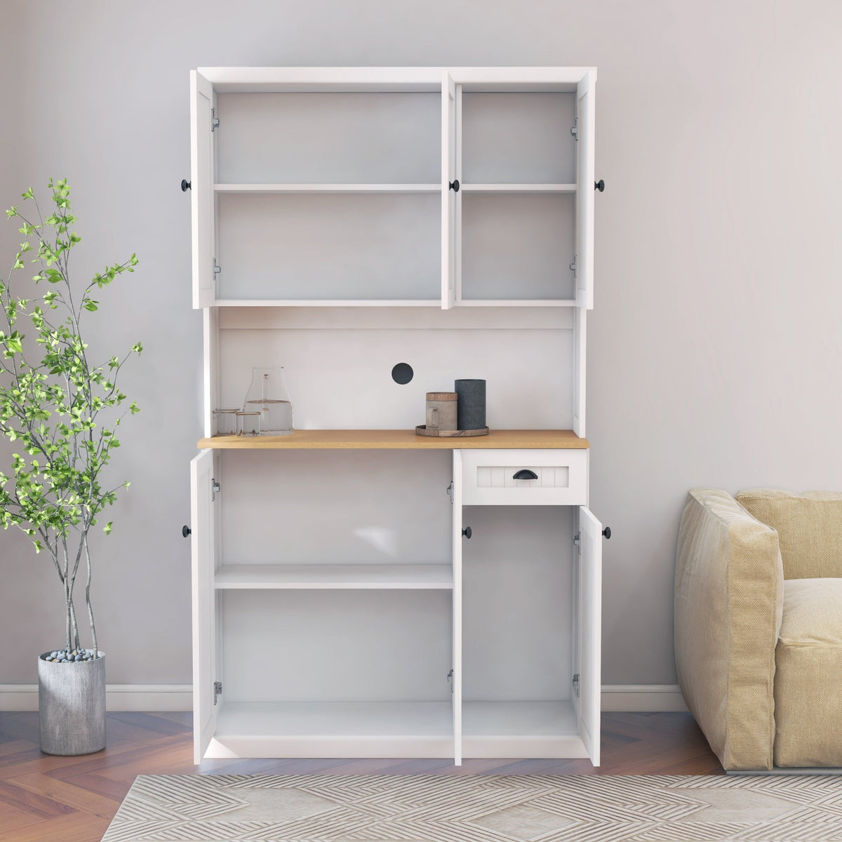 White freestanding kitchen pantry hutch from Anthony & Home with open shelving and closed cabinets for kitchen storage.