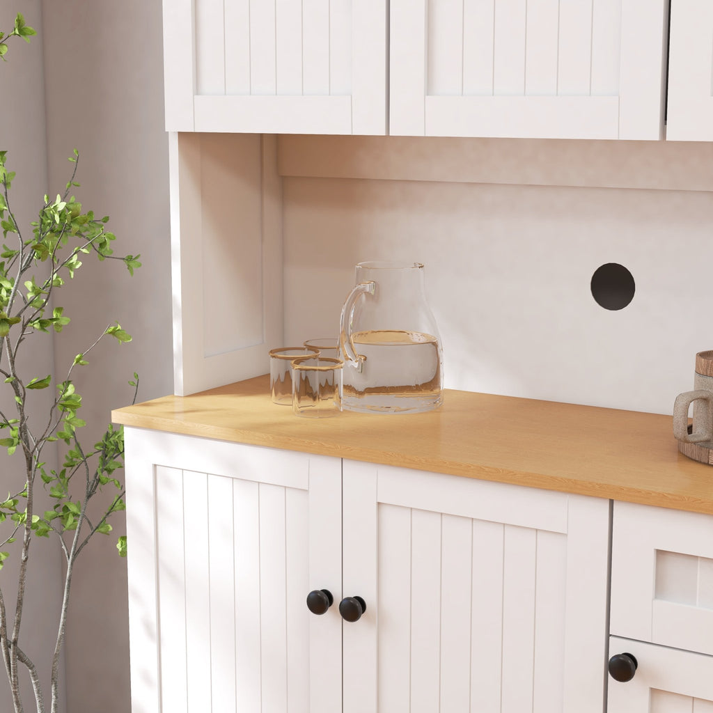 White freestanding kitchen pantry hutch from Anthony & Home with open shelves and storage cabinets for organized kitchen space.