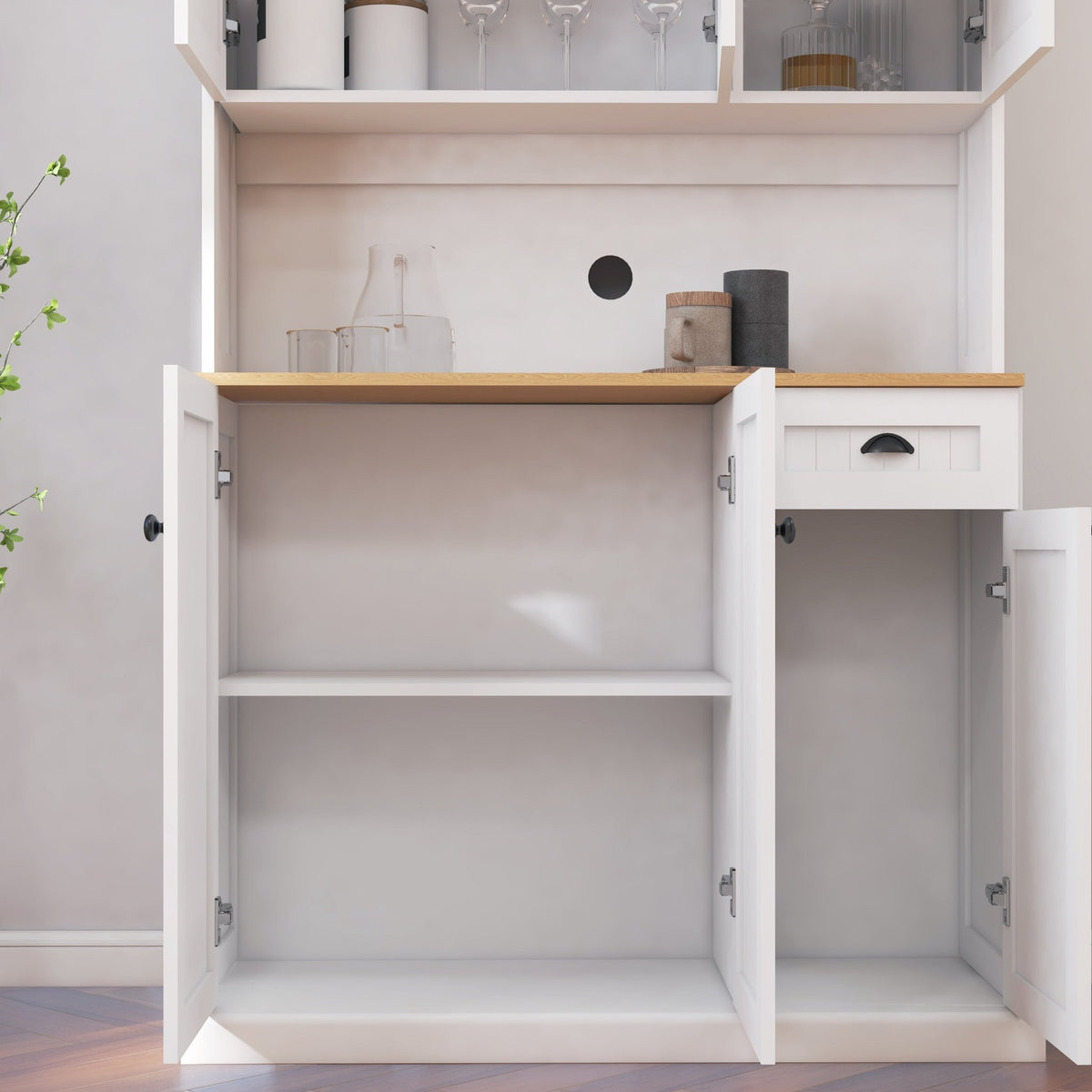 White freestanding kitchen pantry hutch from Anthony & Home with open shelving and enclosed cabinets for storage.
