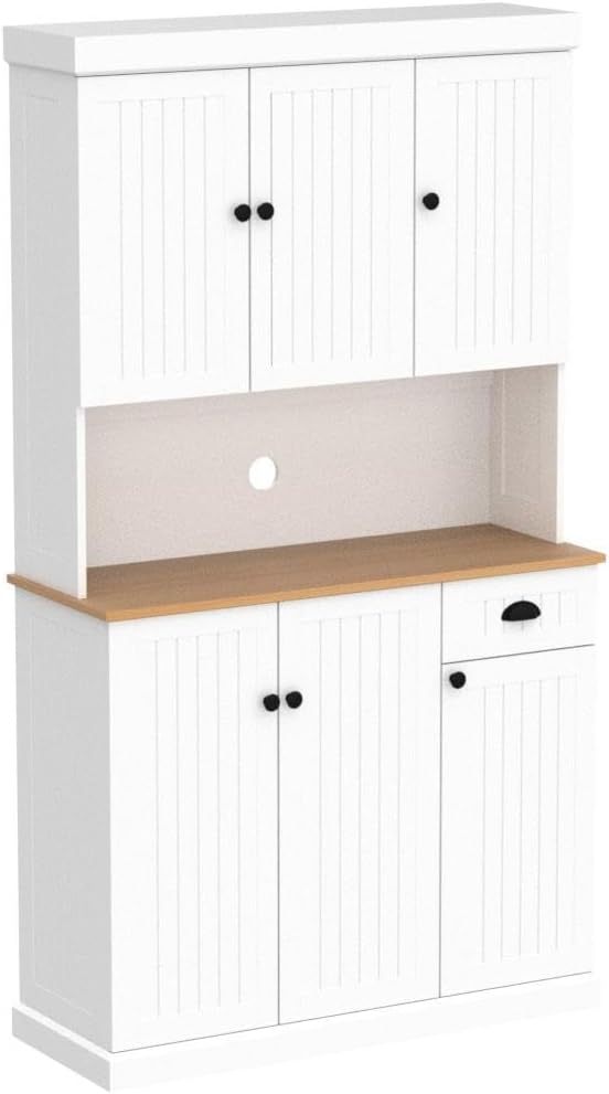 White freestanding kitchen pantry hutch from Anthony & Home, showing storage shelves and cabinet doors in a modern design.