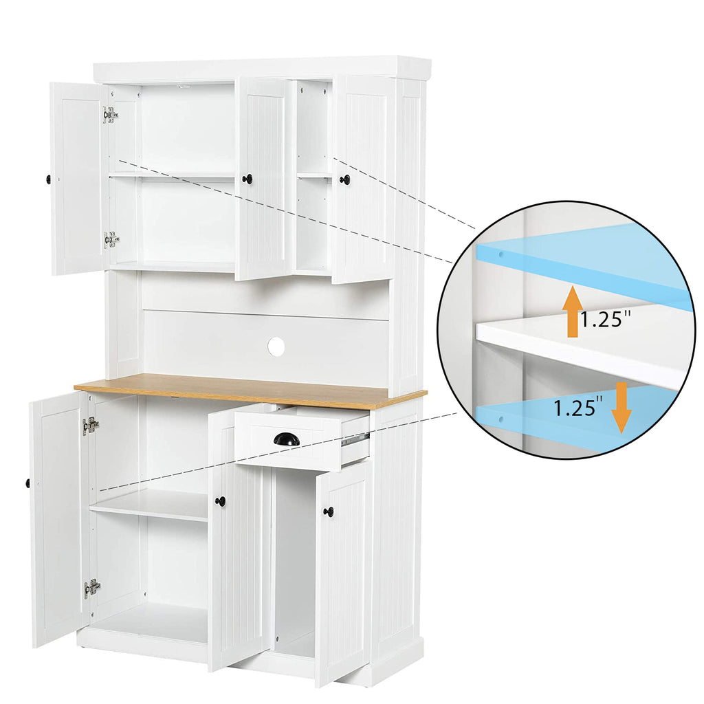 White freestanding kitchen pantry hutch from Anthony & Home with shelves and storage compartments.
