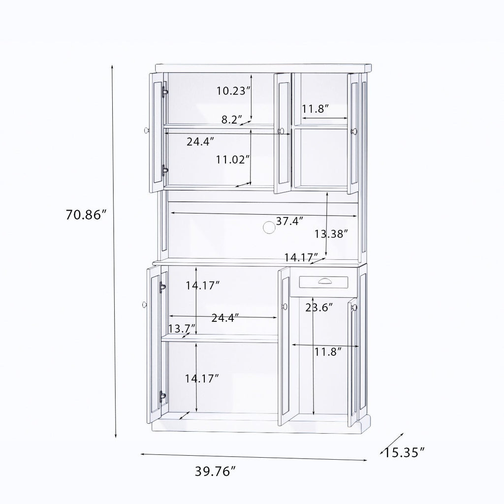 White freestanding kitchen pantry hutch from Anthony & Home featuring open shelves and cabinet storage for organized kitchen space.