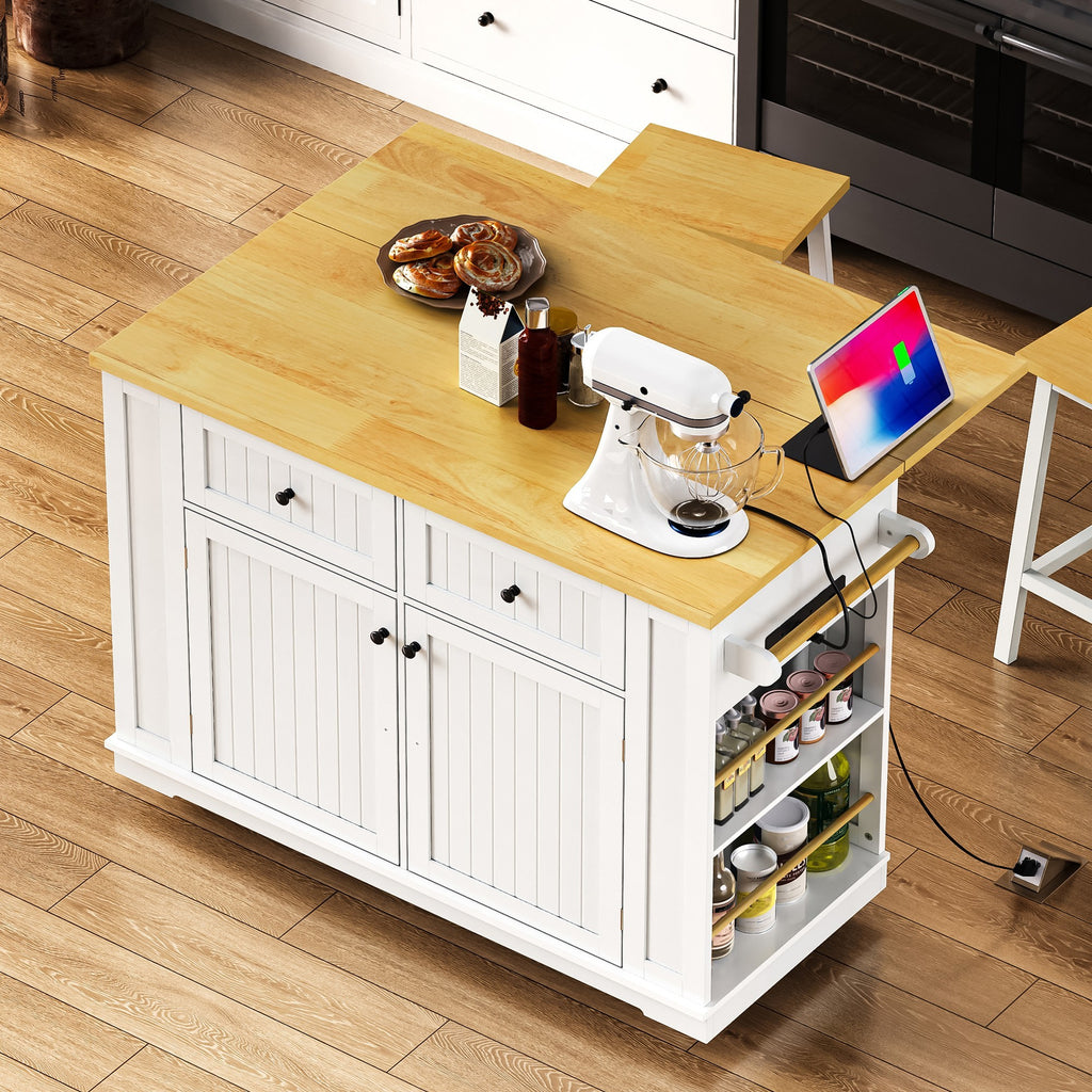 White kitchen island from Anthony & Home's Atelier Collection with a spacious countertop and storage shelves.