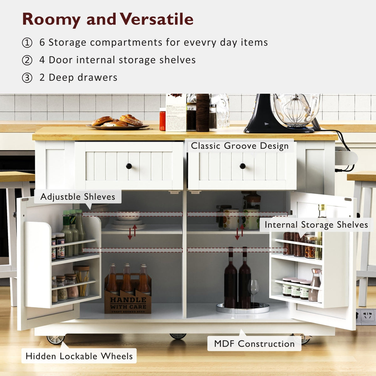 White kitchen island from Anthony & Home's Atelier Collection, featuring a spacious surface and storage cabinets.