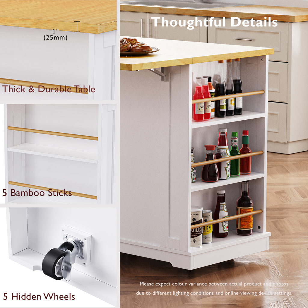 White kitchen island from the Anthony & Home Atelier Collection featuring a spacious countertop and storage drawers.