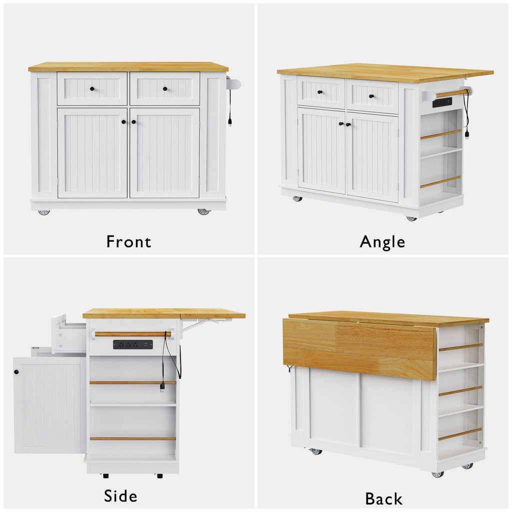 White Anthony & Home kitchen island from the Atelier Collection with butcher block top and storage drawers.