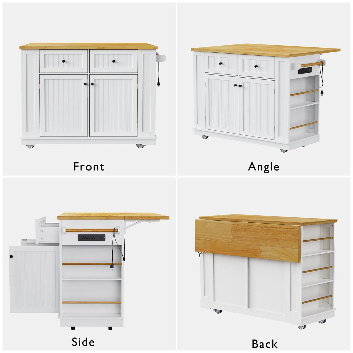 White Anthony & Home kitchen island from the Atelier Collection with butcher block top and storage drawers.