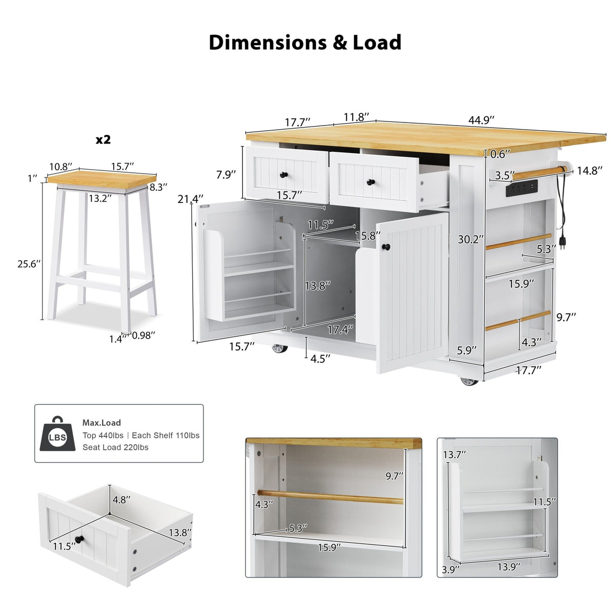 White Anthony & Home Kitchen Island from the Atelier Collection with wooden accents and spacious countertop.