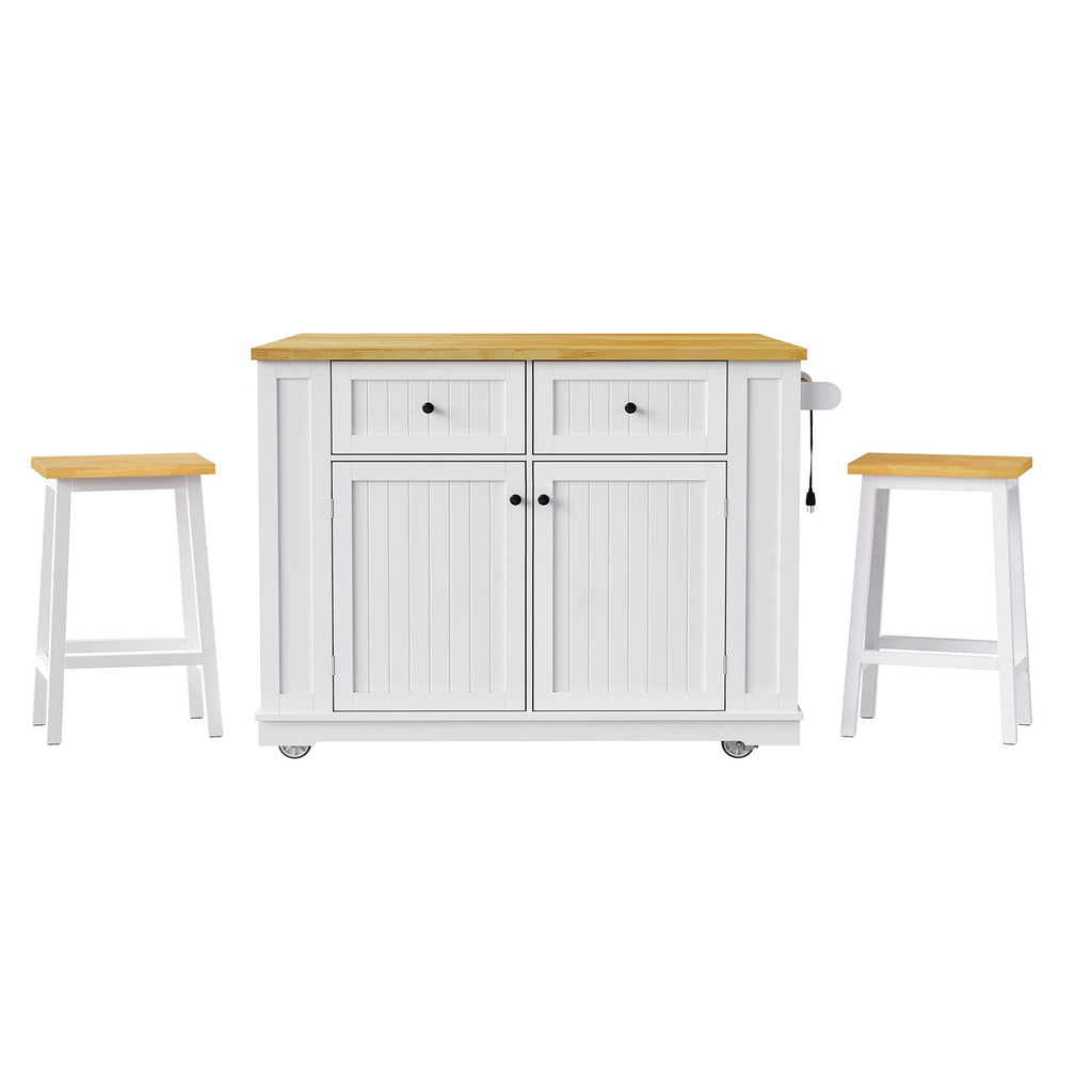 White Anthony & Home Kitchen Island from the Atelier Collection with storage cabinets and a spacious countertop.