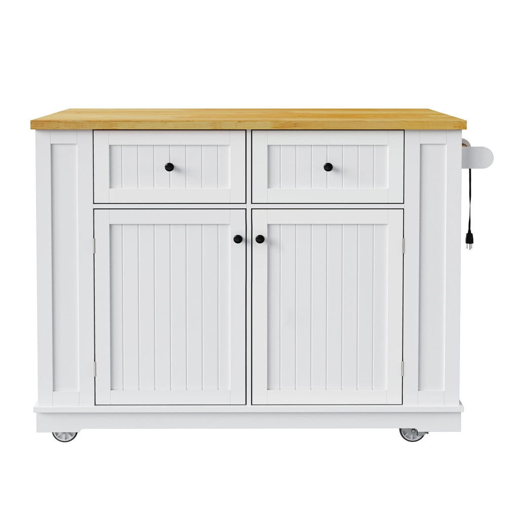 White Anthony & Home Kitchen Island from the Atelier Collection with storage drawers and a spacious countertop.