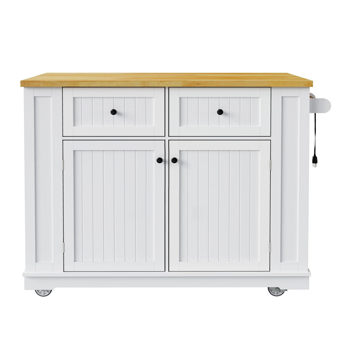 White Anthony & Home Kitchen Island from the Atelier Collection with storage drawers and a spacious countertop.