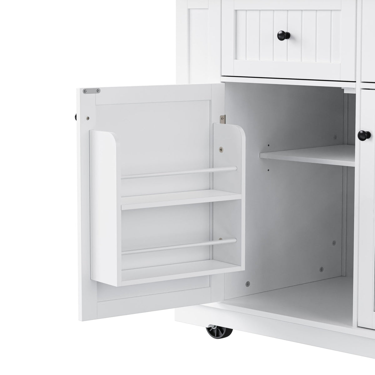 White Anthony & Home Kitchen Island from the Atelier Collection with storage drawers and a spacious countertop.