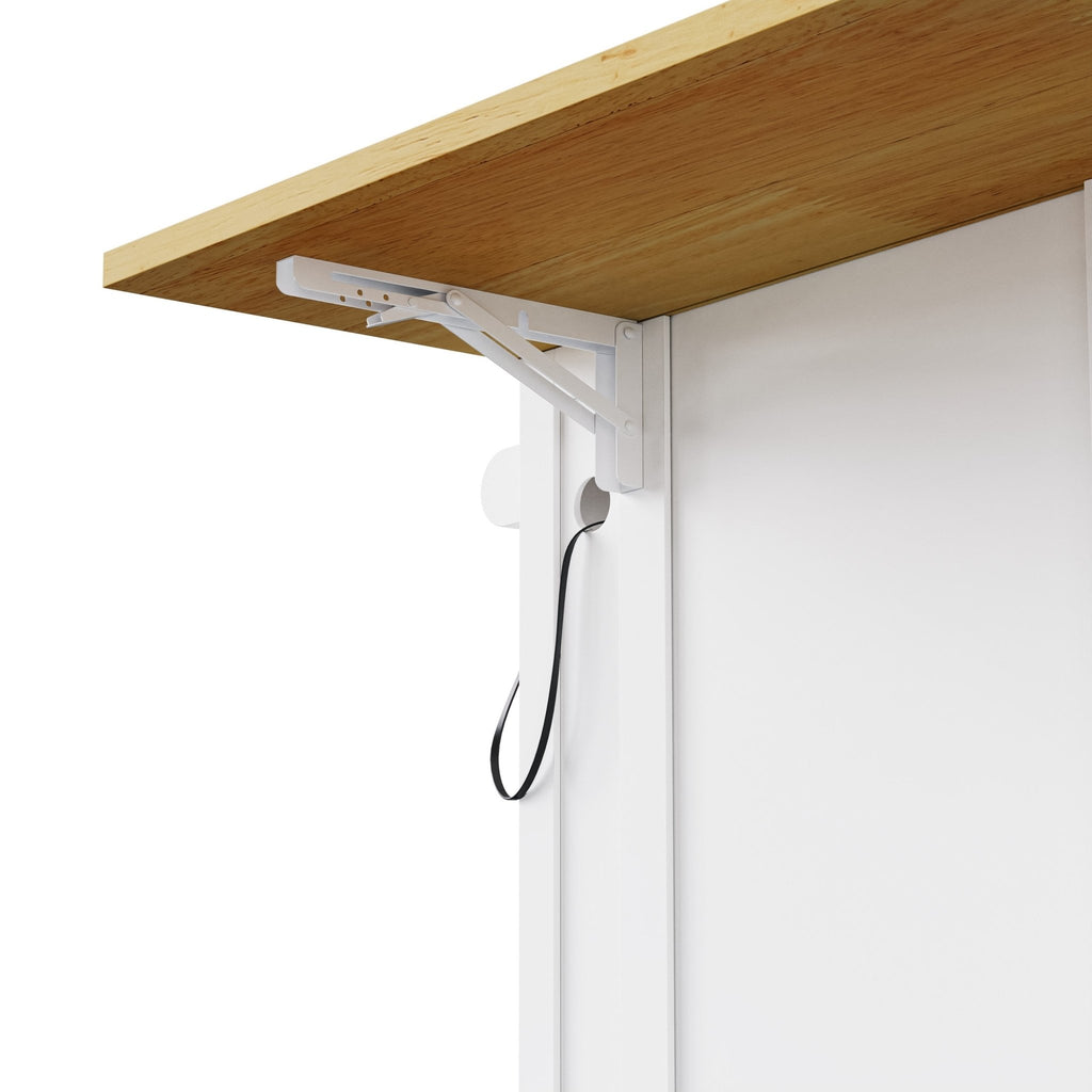 White kitchen island from the Atelier Collection by Anthony & Home, featuring a spacious surface and storage drawers.