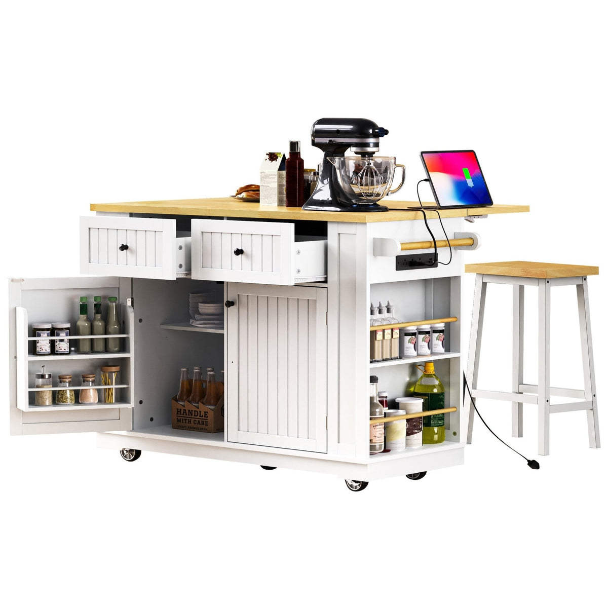 White kitchen island from the Atelier Collection by Anthony & Home, featuring a spacious surface and storage drawers.
