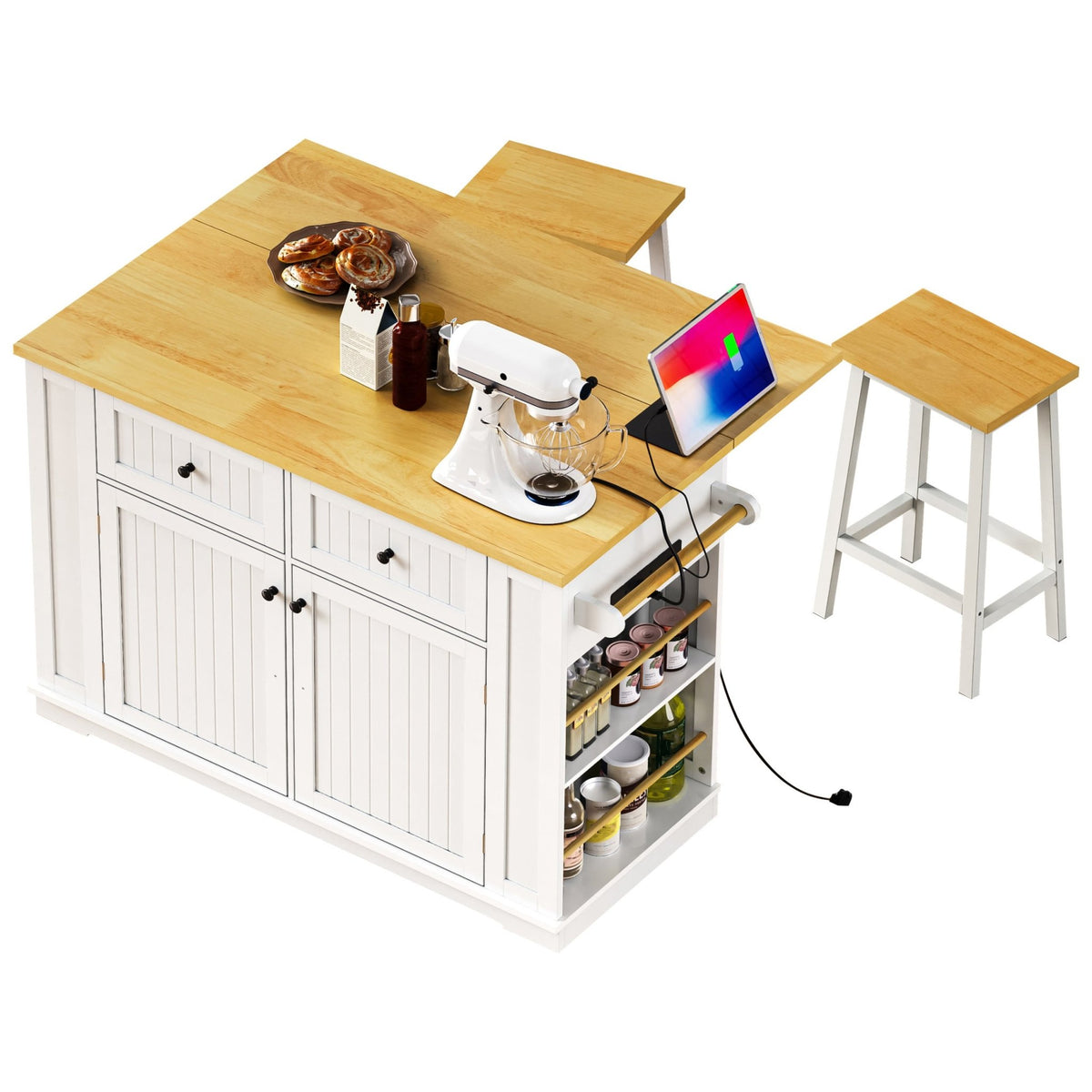 White kitchen island from the Atelier Collection by Anthony & Home, featuring a spacious surface and storage drawers.