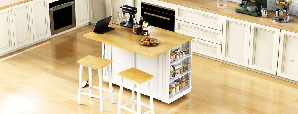 White Anthony & Home Kitchen Island from the Atelier Collection with a spacious countertop and storage drawers.