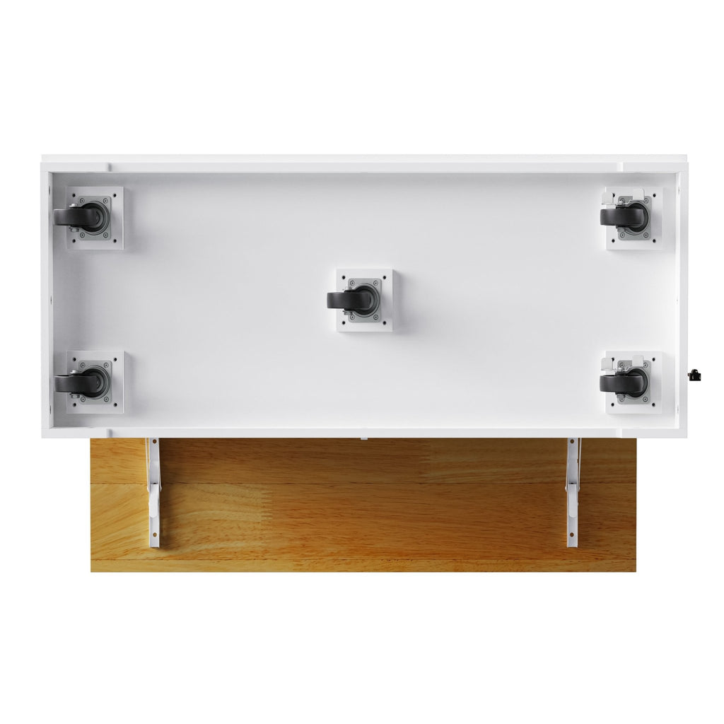 White kitchen island from the Atelier Collection by Anthony & Home, featuring a spacious countertop and storage cabinets.